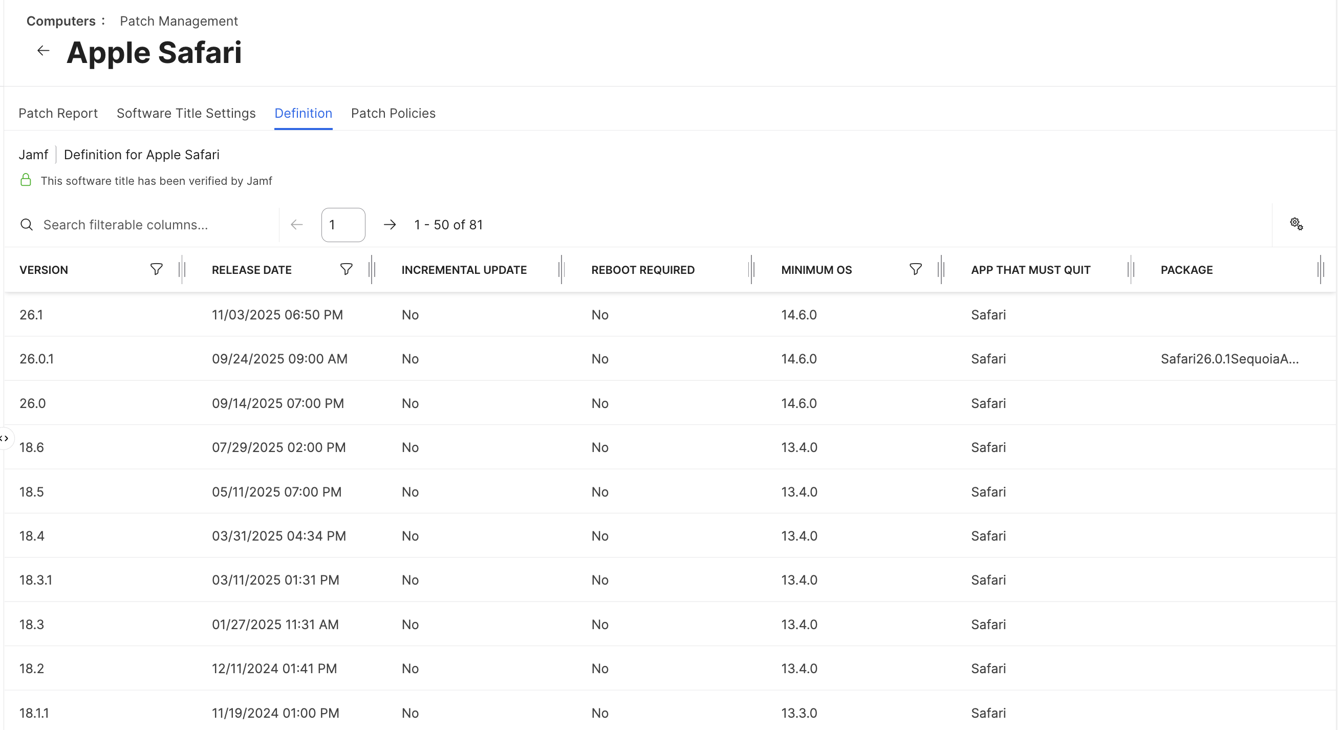 Safari Patch Management – Definition Versions