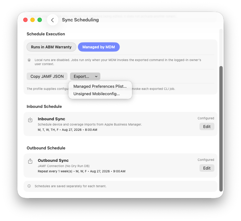ABM Warranty Managed by MDM scheduling mode with JAMF JSON, plist, and mobileconfig export options