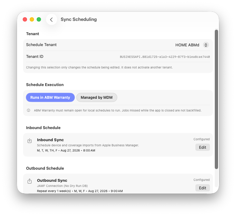 ABM Warranty Sync Scheduling window with tenant, execution mode, inbound schedule, and outbound schedule