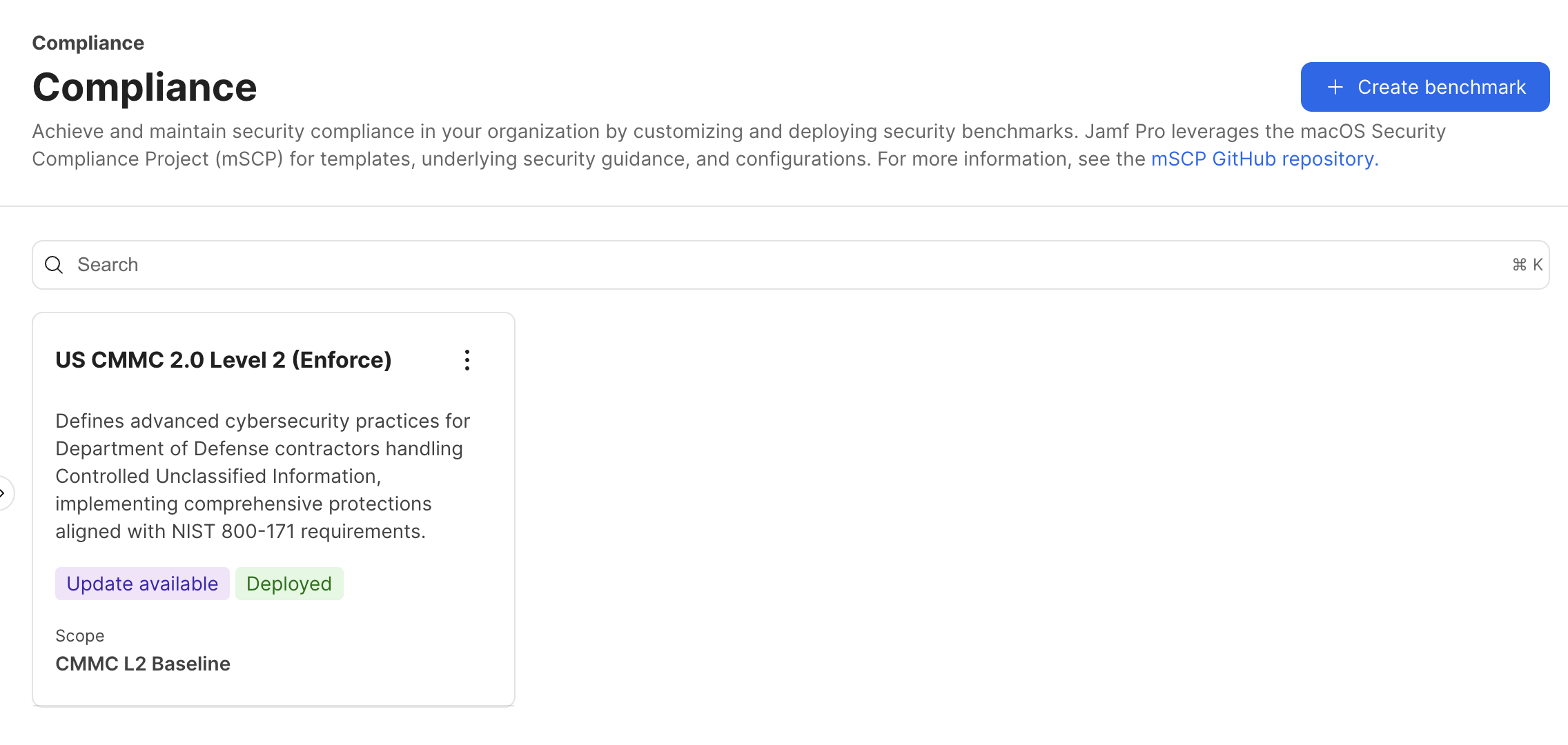 Jamf Pro Compliance benchmark card showing an update available badge