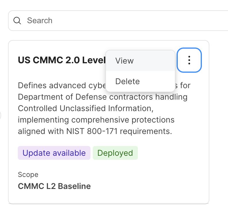 Jamf Pro Compliance benchmark card menu with View selected