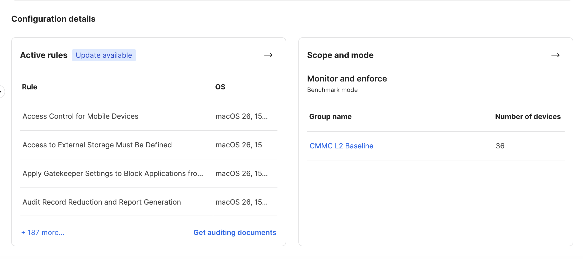 Jamf Pro Compliance configuration details showing active rules and scoped device group