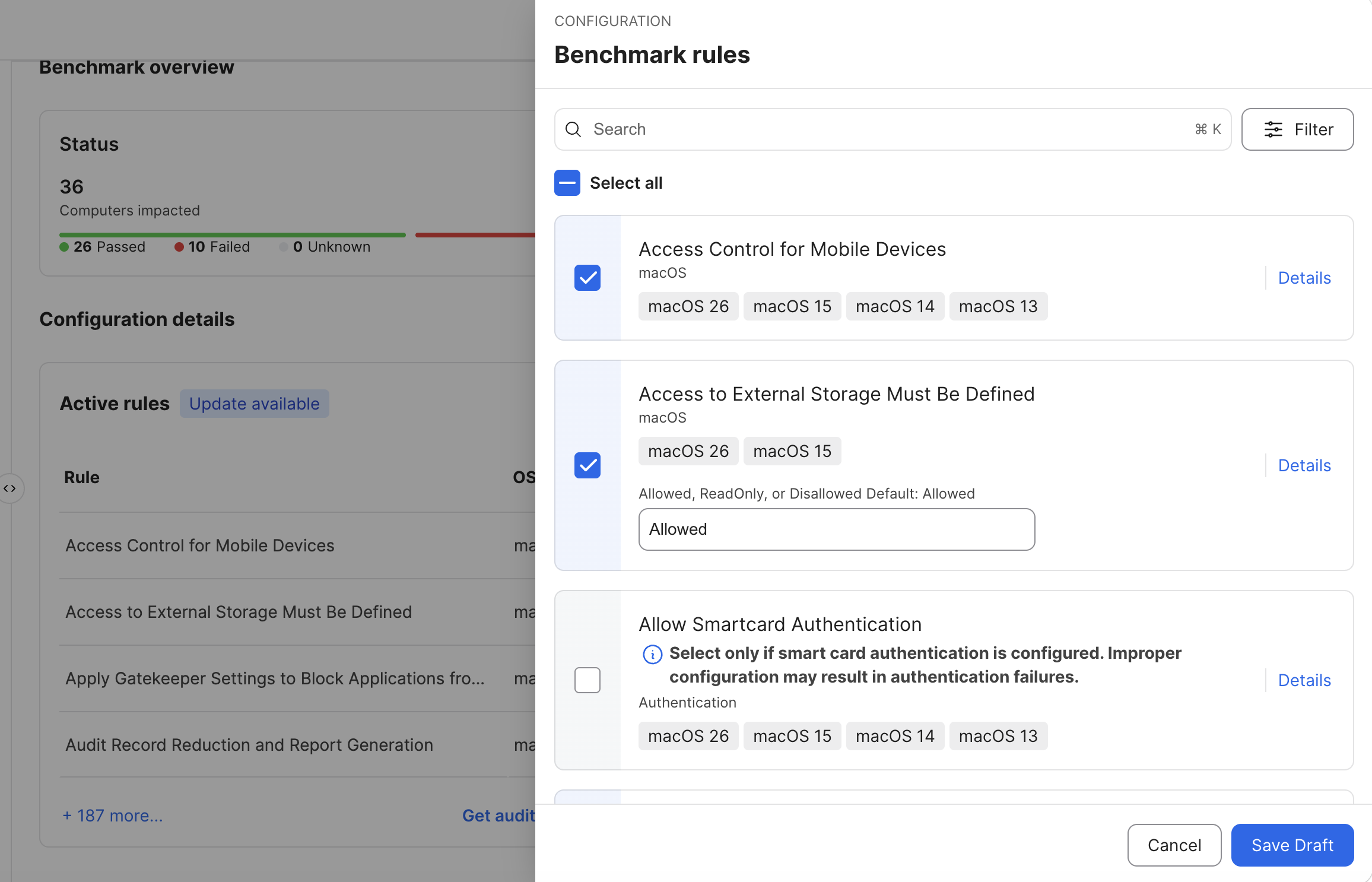 Jamf Pro Compliance benchmark rules drawer showing selected rules and Save Draft button