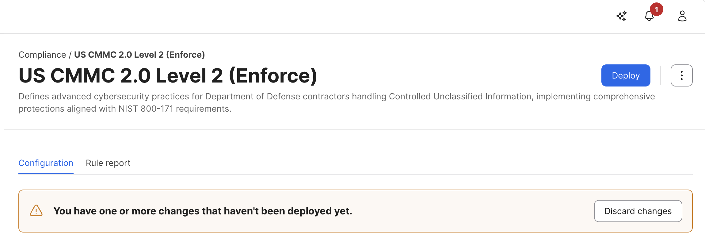 Jamf Pro Compliance benchmark page showing undeployed changes and Deploy button