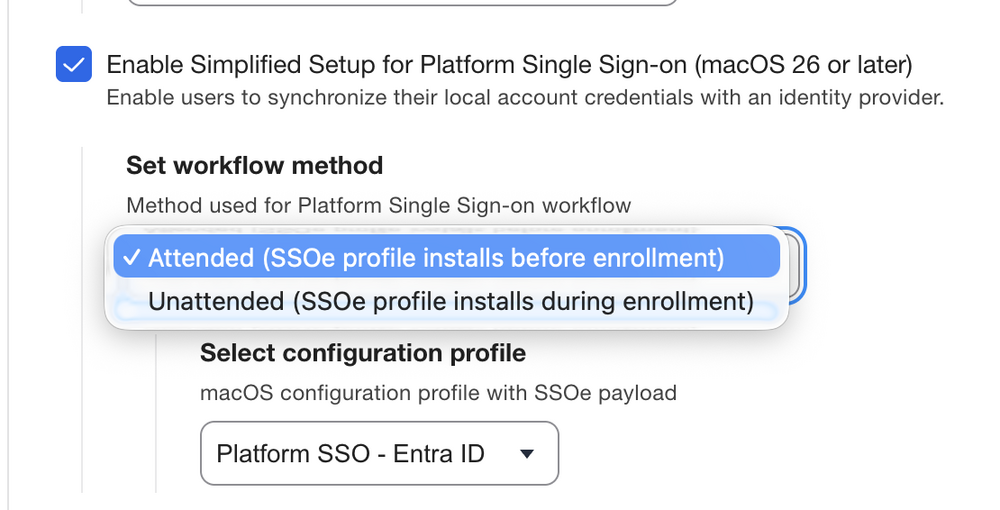 Jamf Pro menu showing attended and unattended Simplified Setup workflow choices