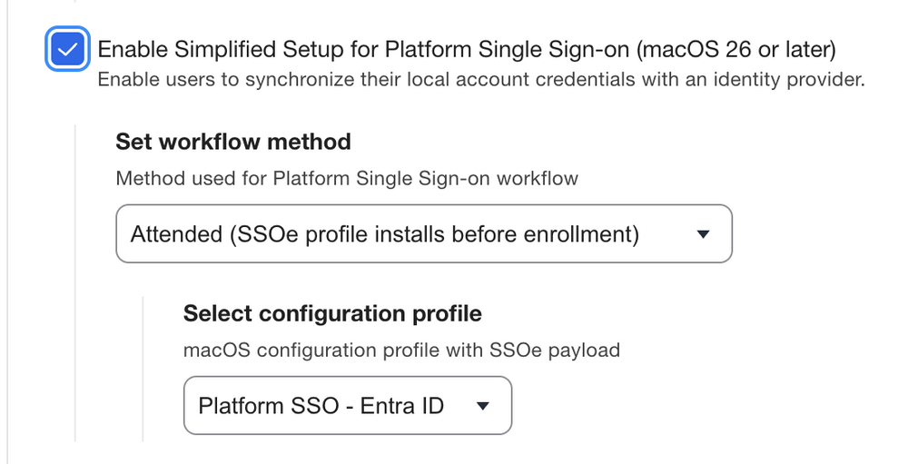 Jamf Pro PreStage configured for the attended Platform SSO workflow with the Platform SSO - Entra ID profile selected