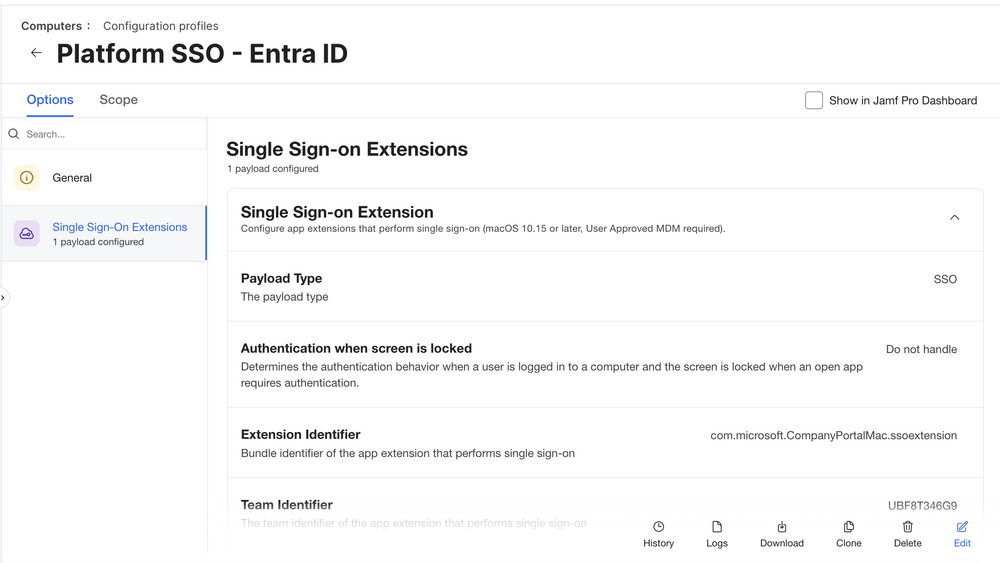 Jamf Pro configuration profile named Platform SSO - Entra ID with a Single Sign-On Extensions payload