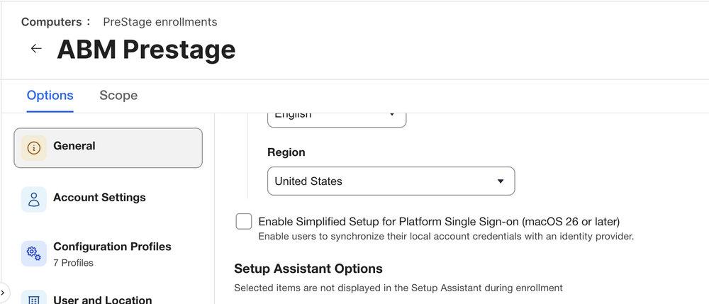 Jamf Pro Computer PreStage showing the option to enable Simplified Setup for Platform Single Sign-on