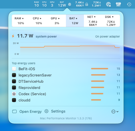Mac Performance Monitor energy view showing system power and the top energy-using processes