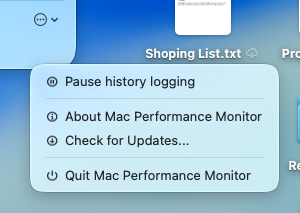 Mac Performance Monitor menu with the Pause history logging command