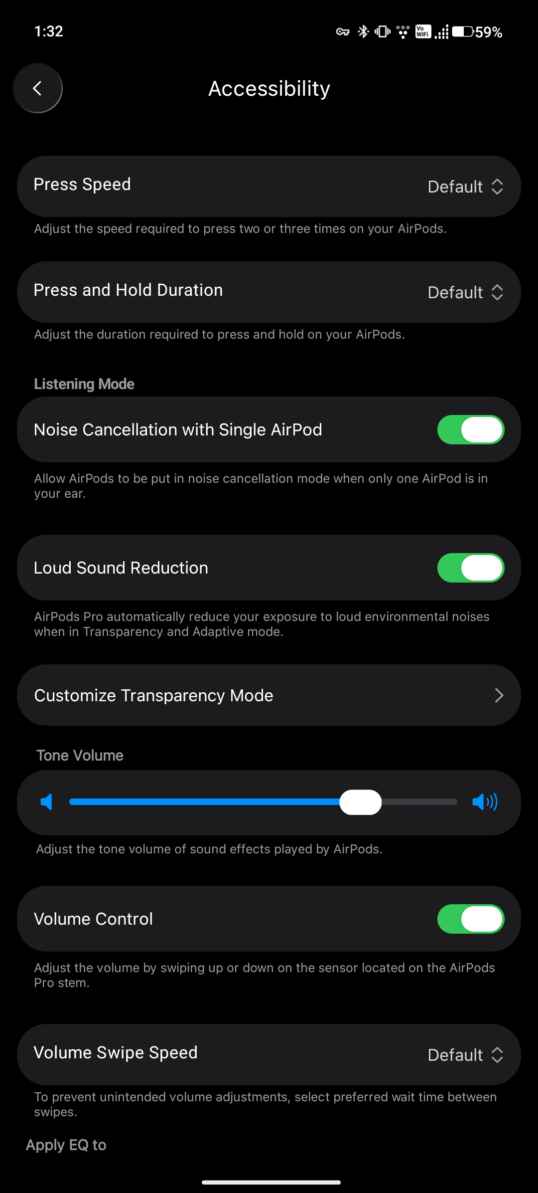LibrePods accessibility settings for AirPods controls, noise cancellation, tone volume, and swipe speed