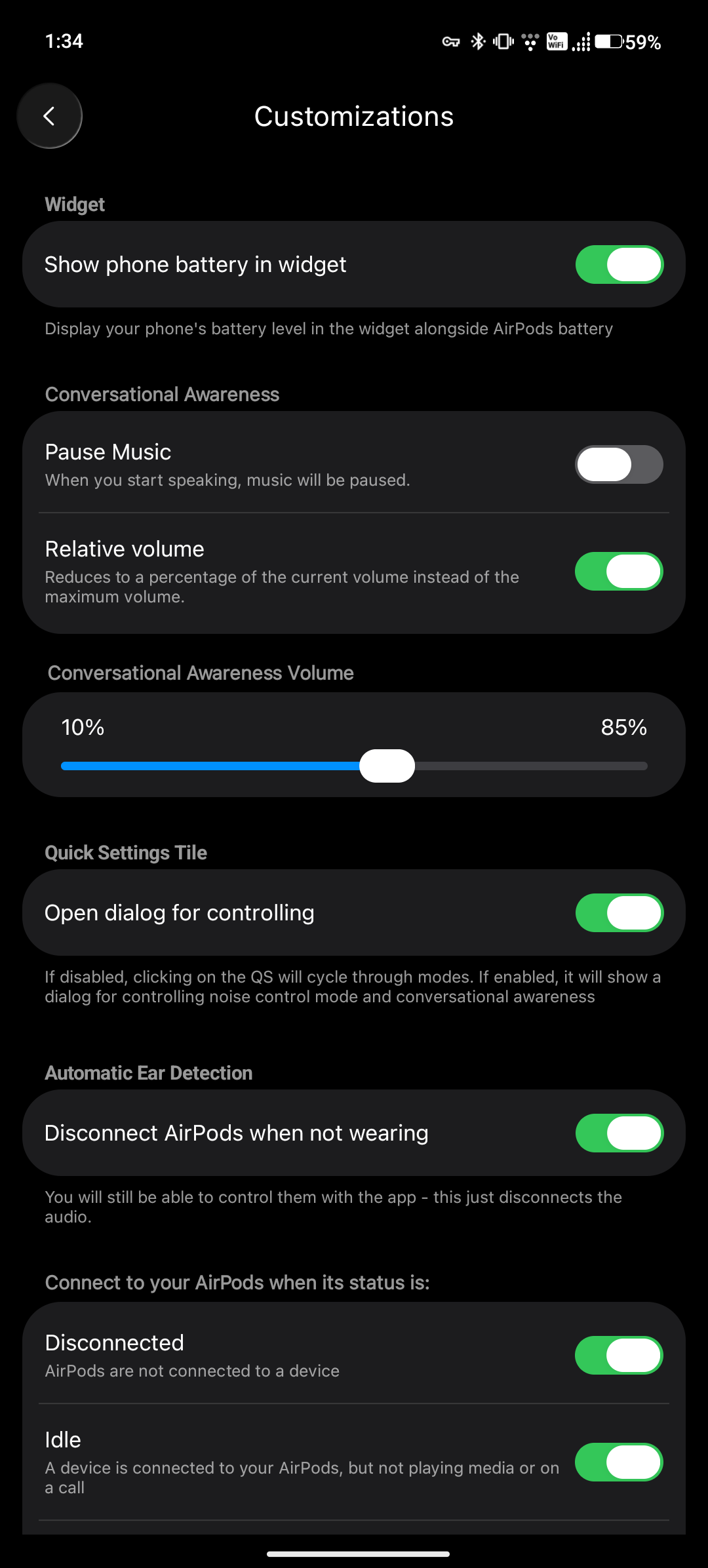 LibrePods customization options for widgets, Conversation Awareness, Quick Settings, and connection behavior