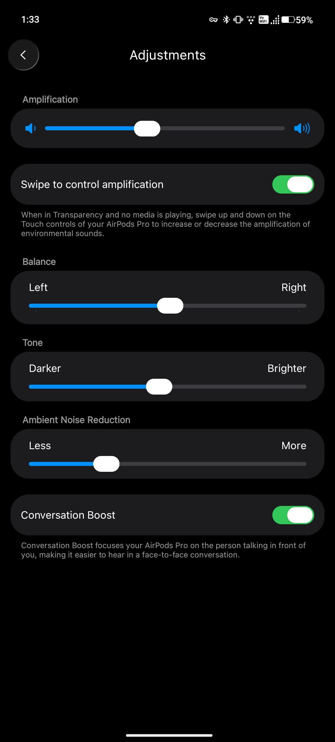 LibrePods hearing-aid adjustments for amplification, balance, tone, noise reduction, and Conversation Boost
