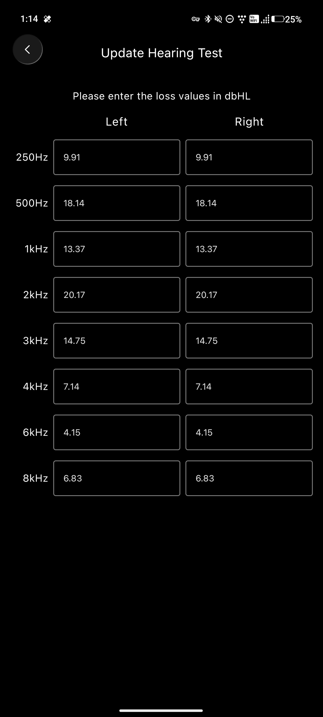 LibrePods hearing-test result fields for the left and right ear