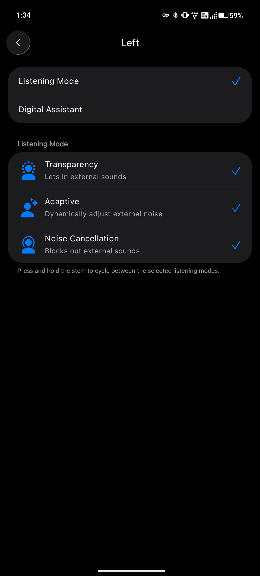 LibrePods press-and-hold configuration for listening modes and the digital assistant
