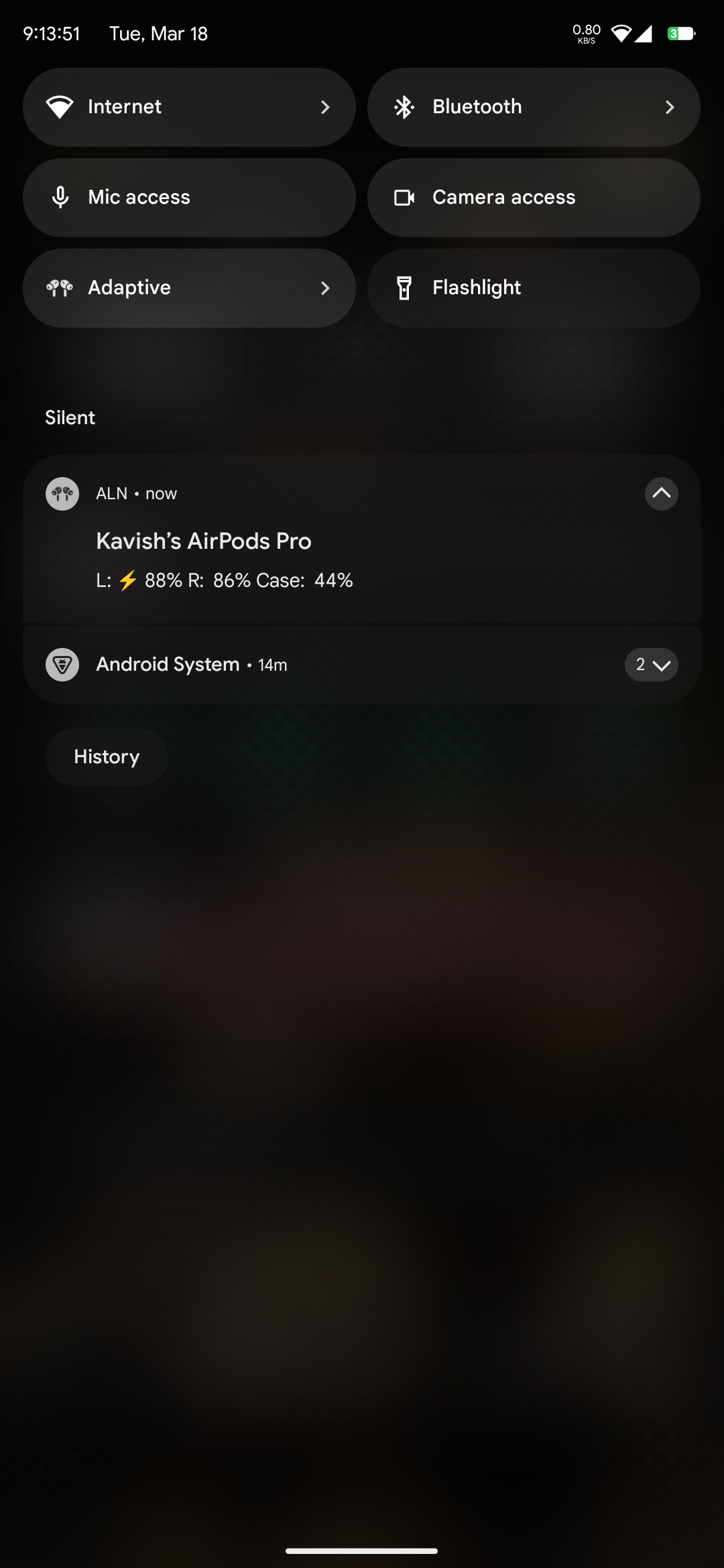 Android notification and Quick Settings tile showing LibrePods battery and noise-control status