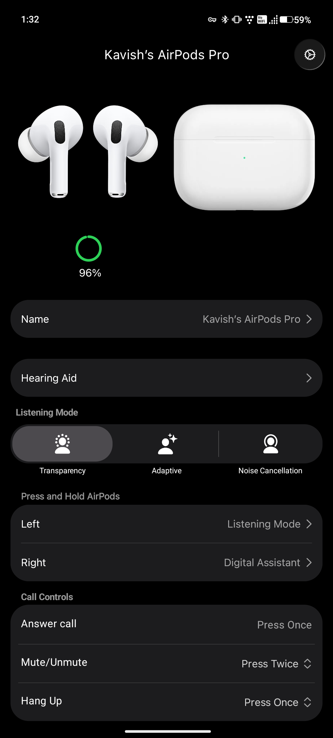 LibrePods main screen showing connected AirPods, battery status, listening modes, and controls