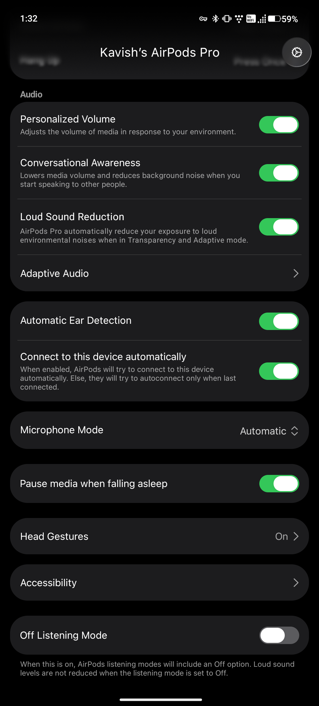 LibrePods Android settings for personalized volume, conversation awareness, ear detection, gestures, and accessibility