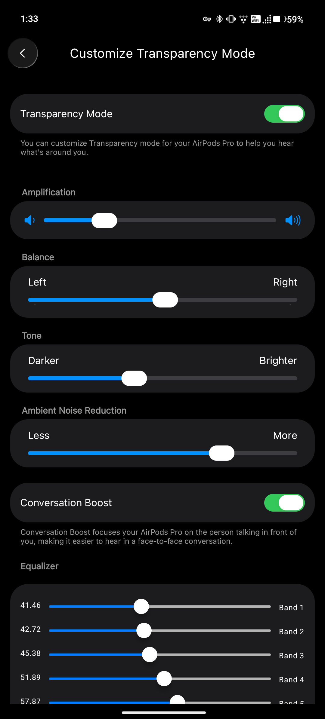 LibrePods Custom Transparency Mode controls for amplification, balance, tone, and ambient noise reduction