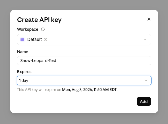 Anthropic Console creating a temporary Snow Leopard test API key