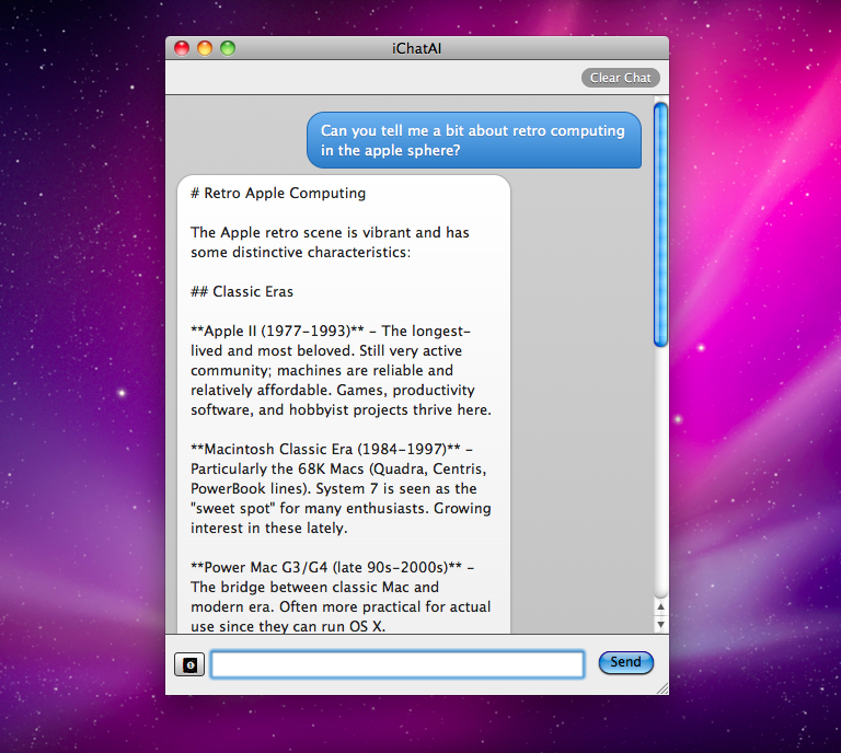 Conversation with iChatAI in its Snow Leopard chat interface
