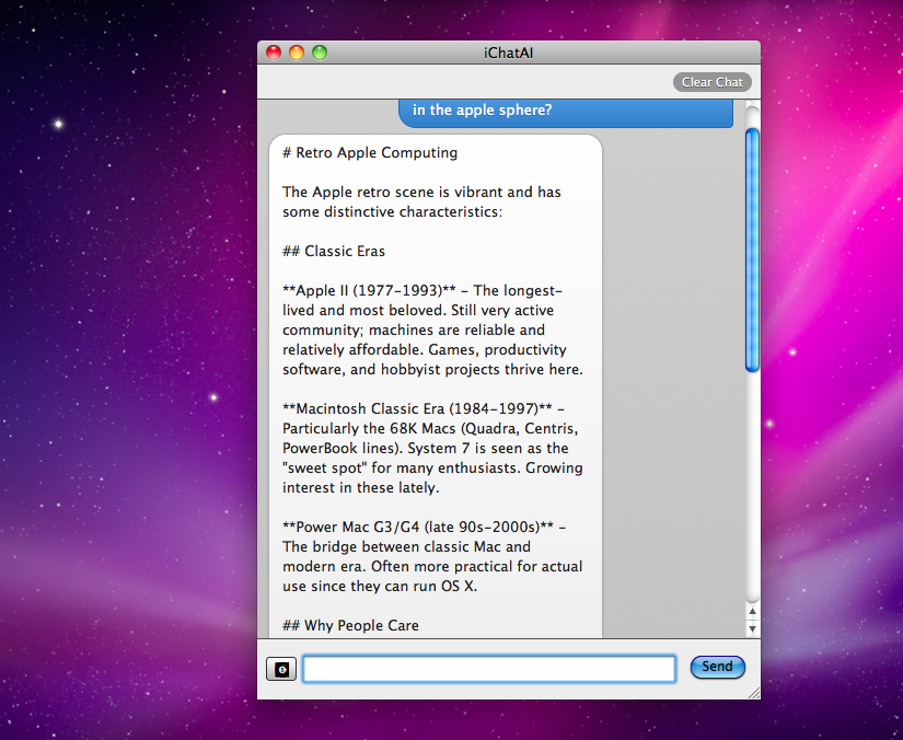 iChatAI answering a question in an iChat-style window on Snow Leopard