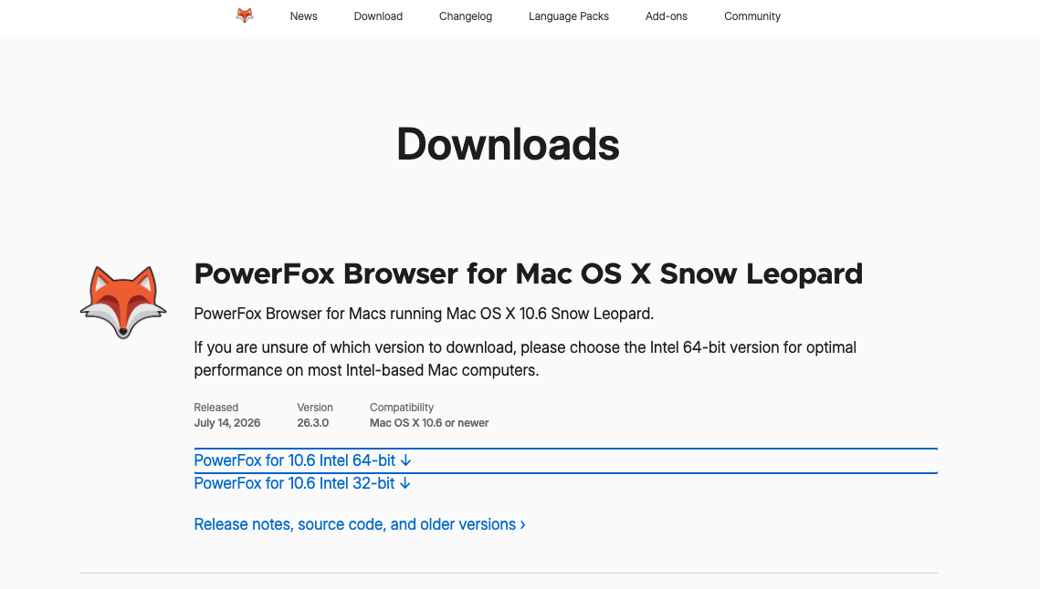 PowerFox downloads page for Mac OS X Snow Leopard