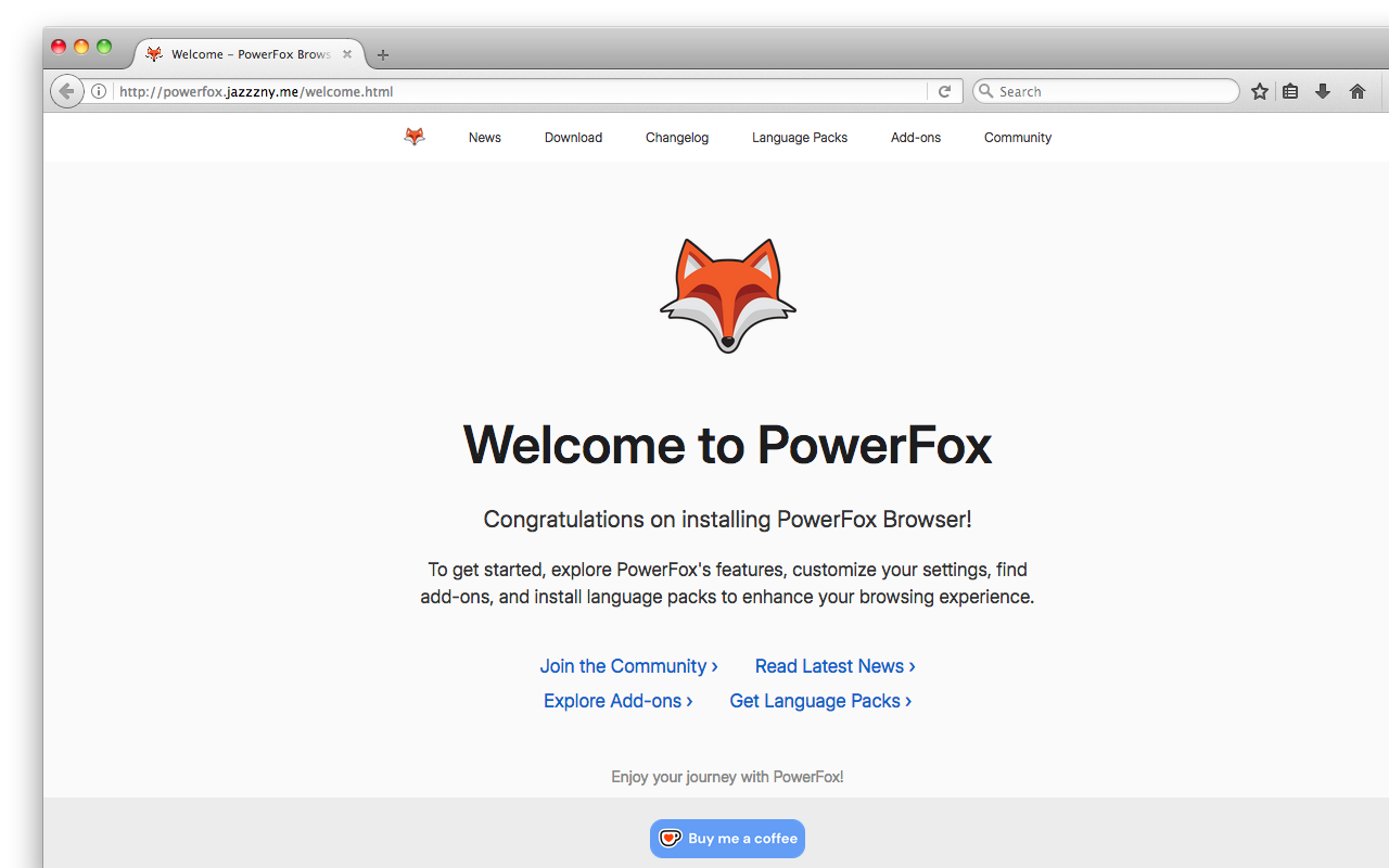 PowerFox welcome page running on Mac OS X Snow Leopard