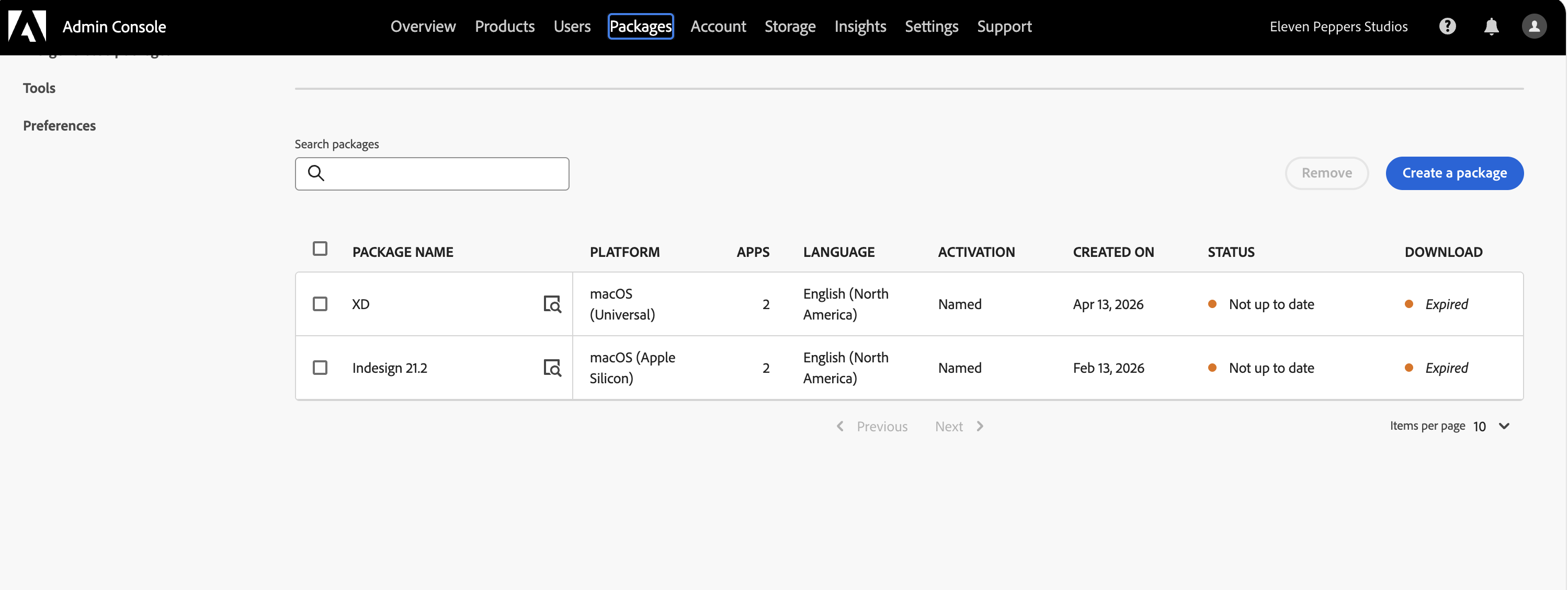 Adobe Admin Console Packages page