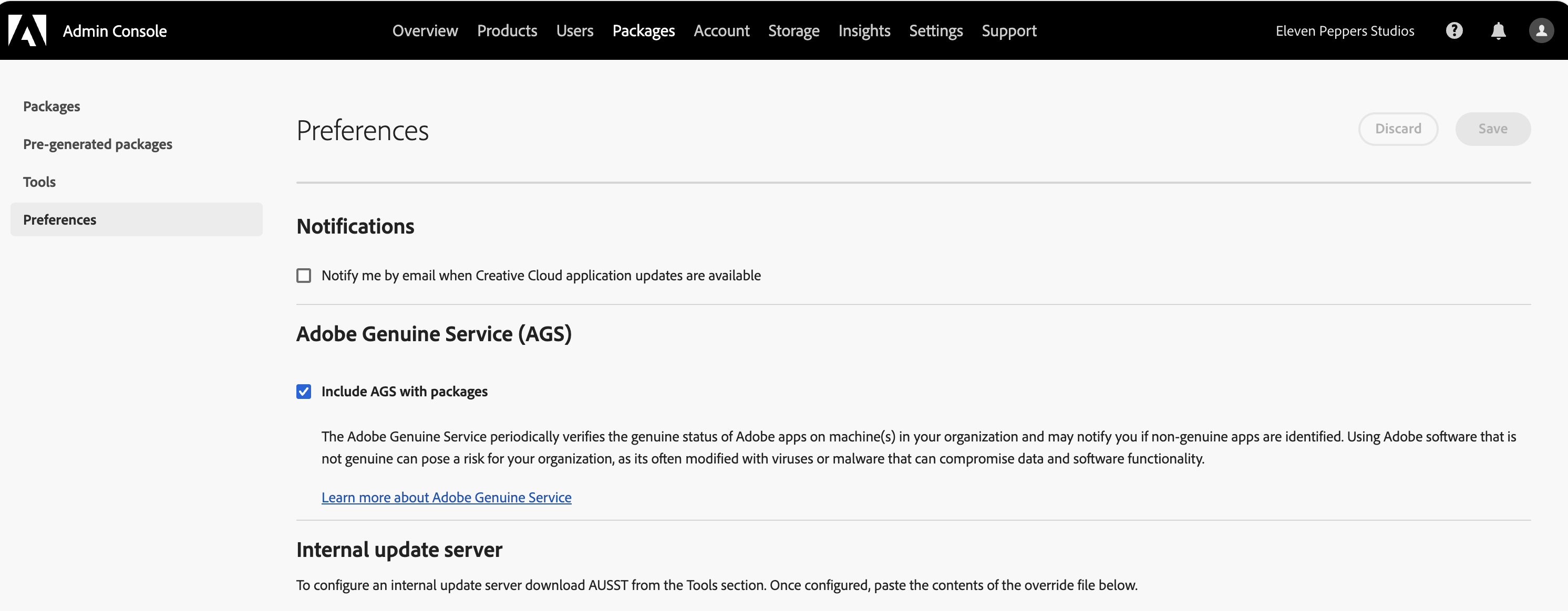 Adobe Admin Console package preferences
