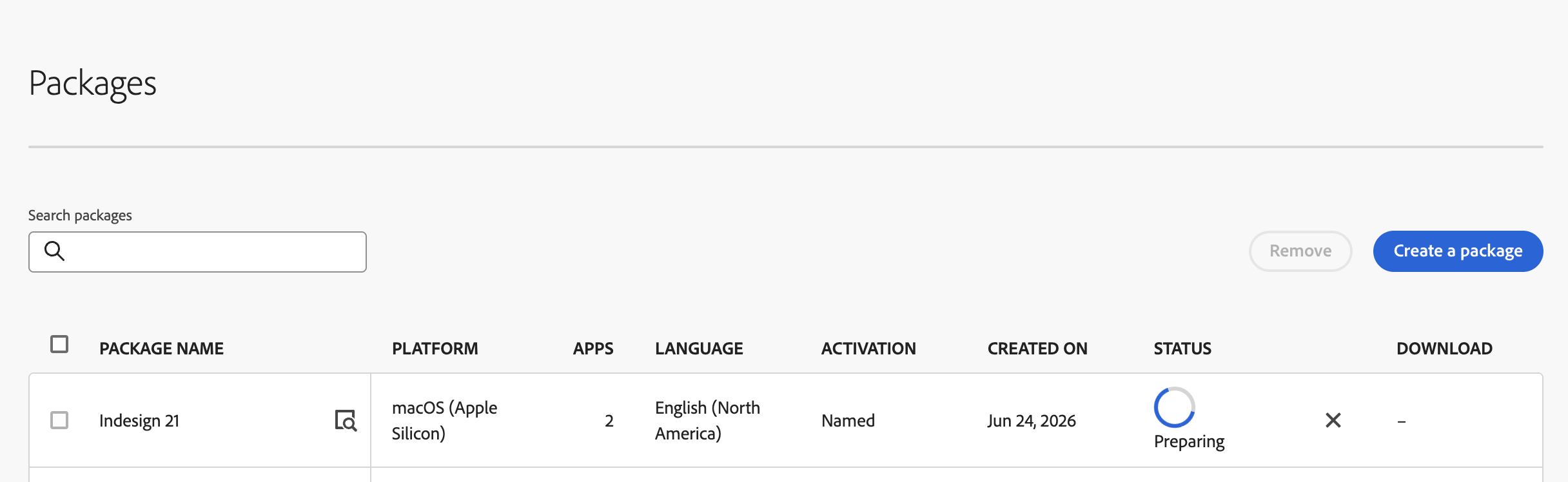 Adobe package preparing in Admin Console