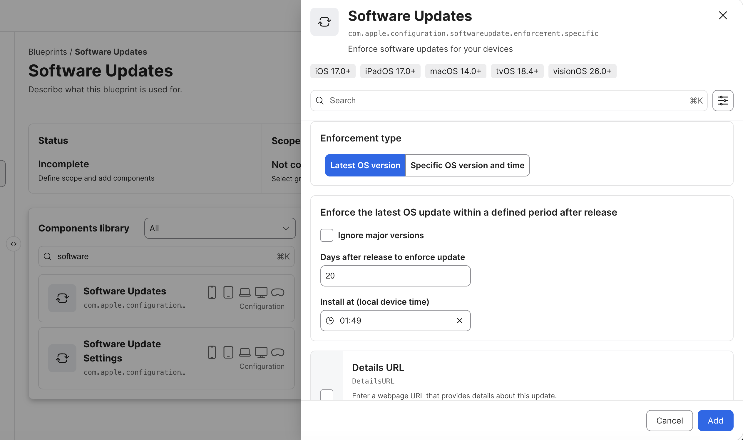 Jamf Pro Software Updates component configured to enforce the latest OS version 20 days after release at a local device time