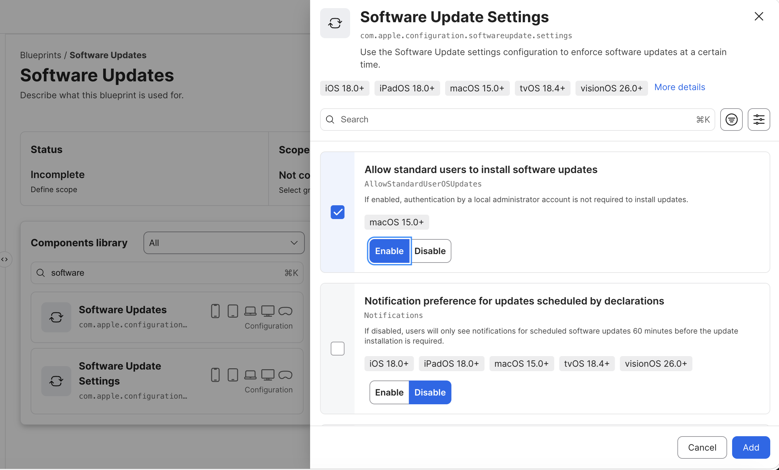 Jamf Pro software update settings component showing update enforcement, notifications, recommended cadence, and install actions