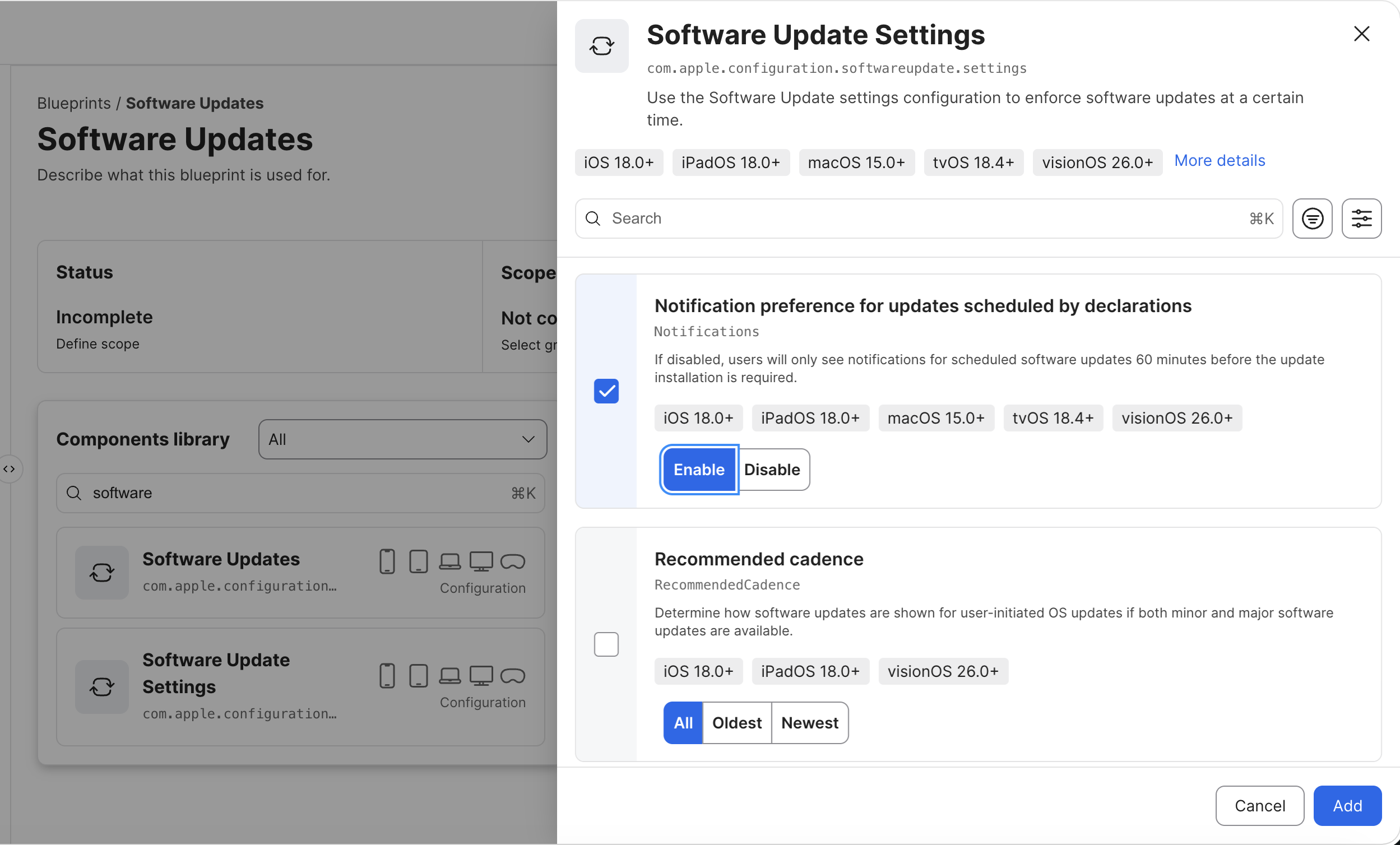 Jamf Pro software update settings showing notification preference and recommended cadence options