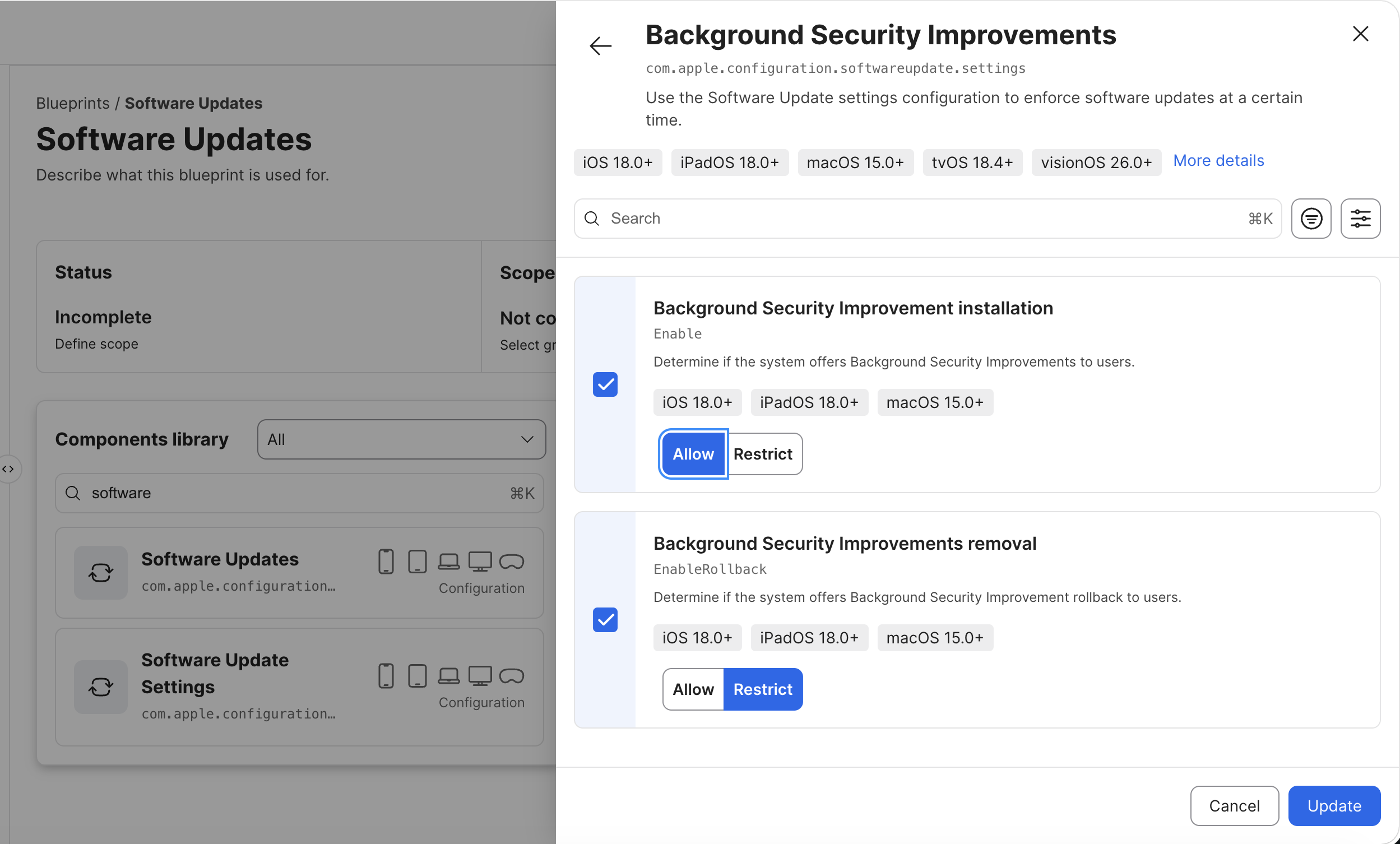 Jamf Pro software update settings showing deferrals and Background Security Improvements controls
