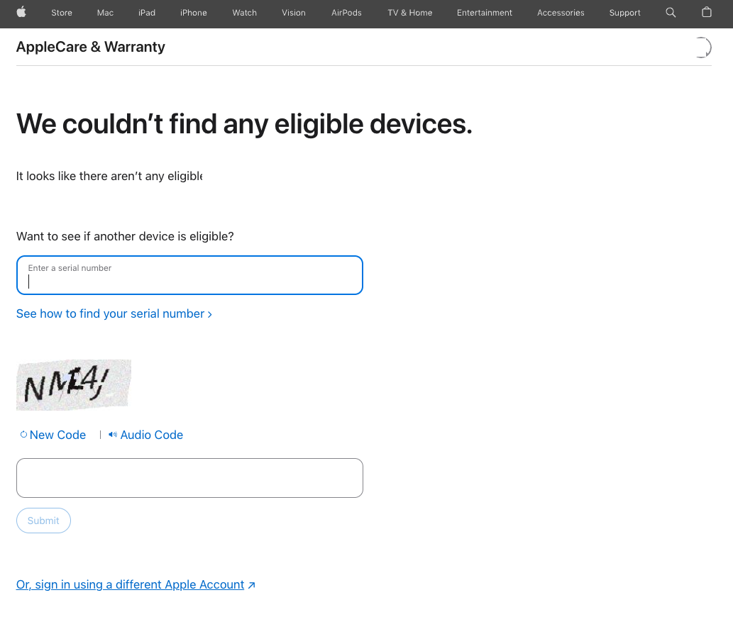 AppleCare Get Coverage page showing no eligible devices after sign-in