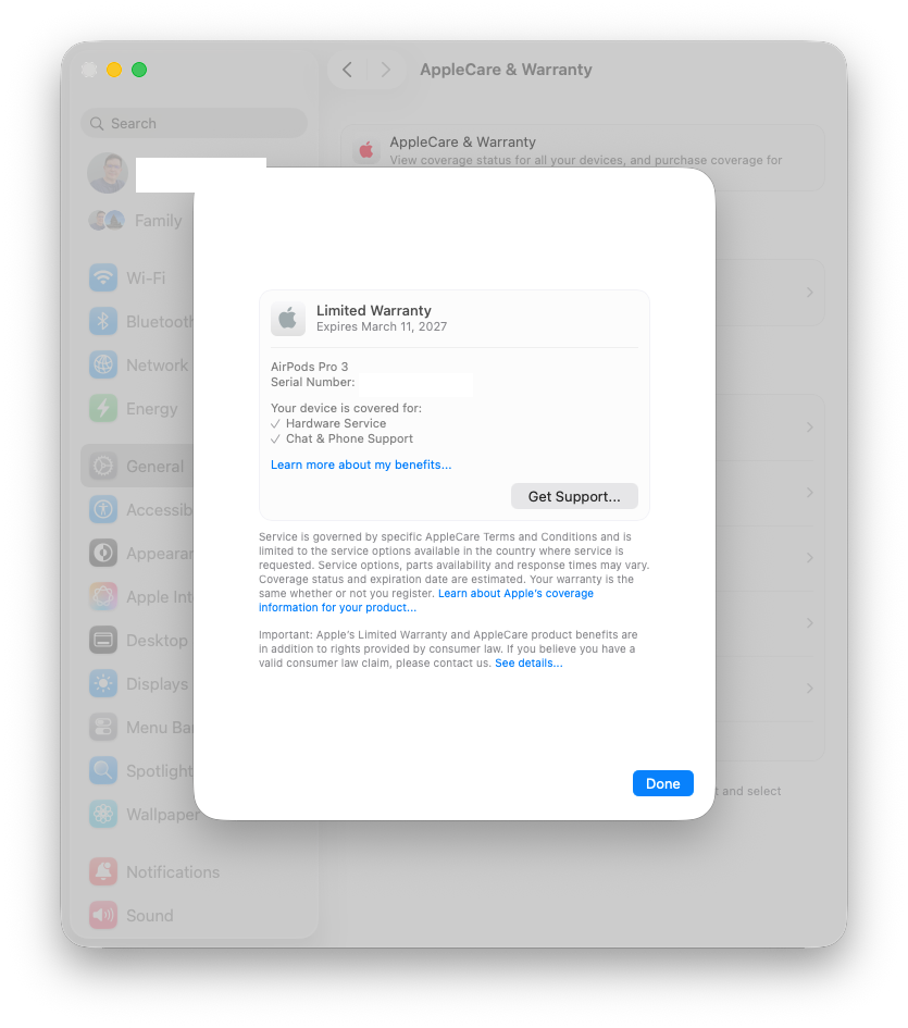 AppleCare and Warranty settings showing a device with limited warranty coverage