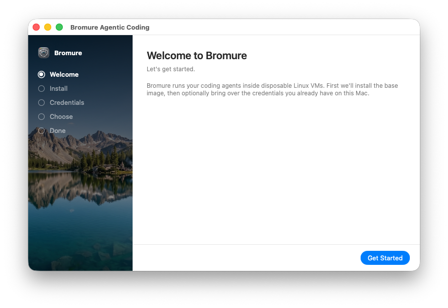 The app welcome screen
