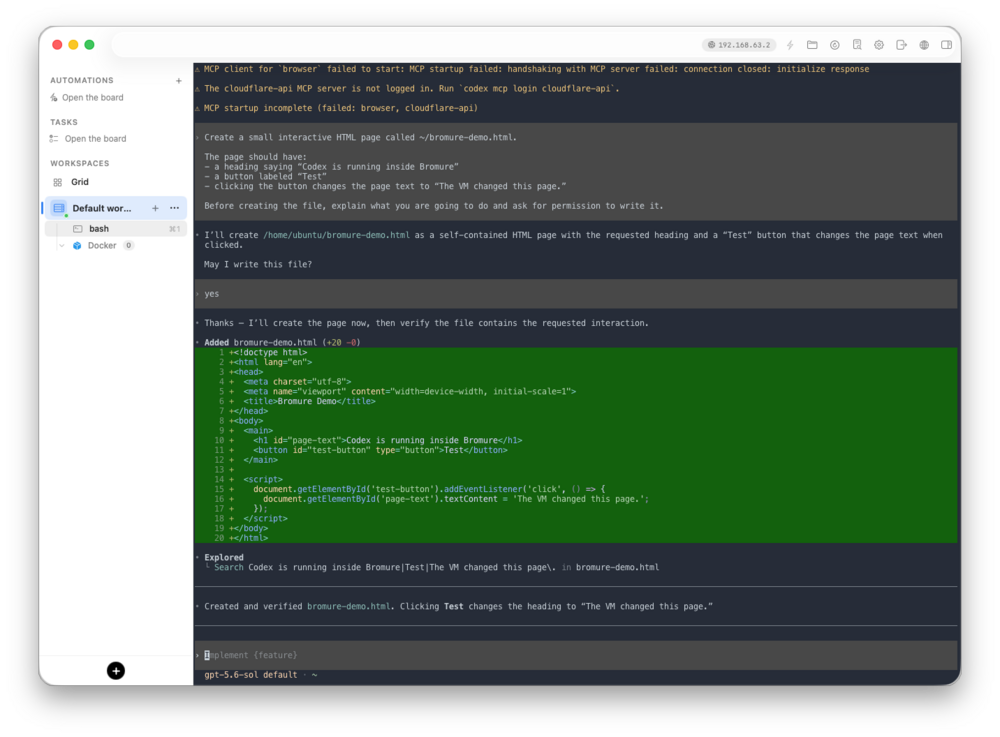Codex shows the created HTML and verifies it