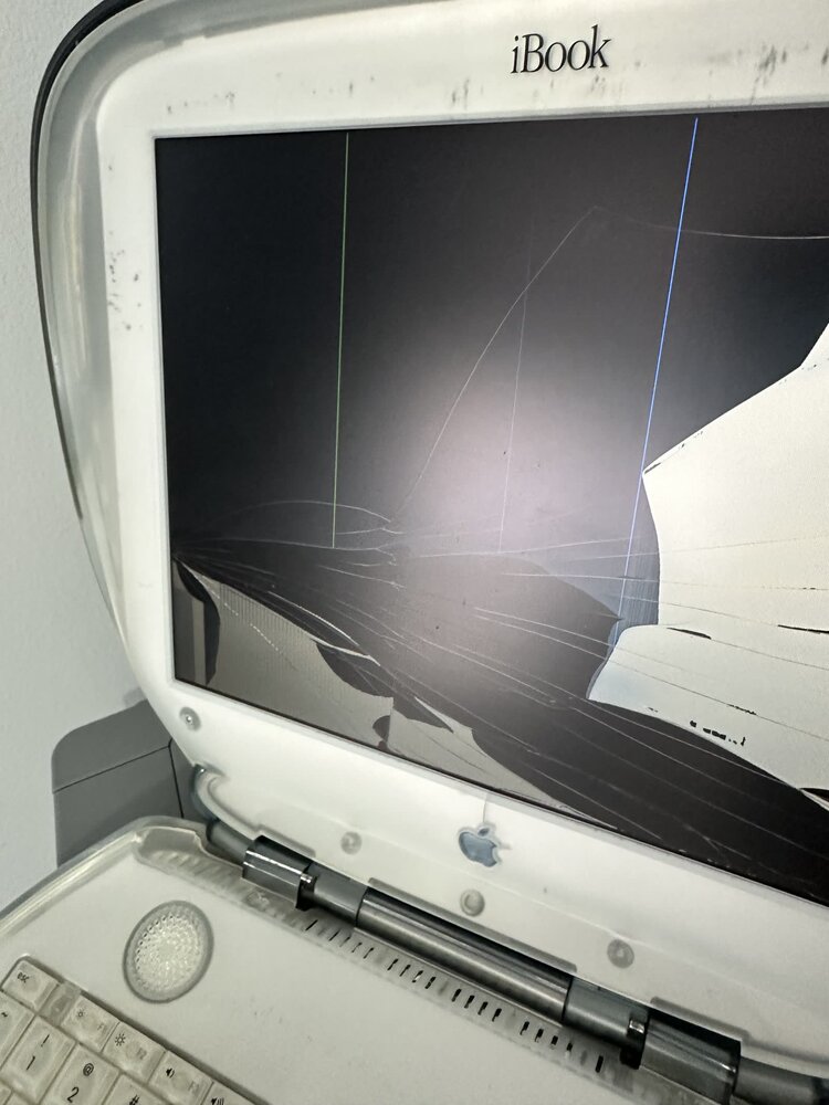 Clamshell iBook display showing active damaged LCD behavior