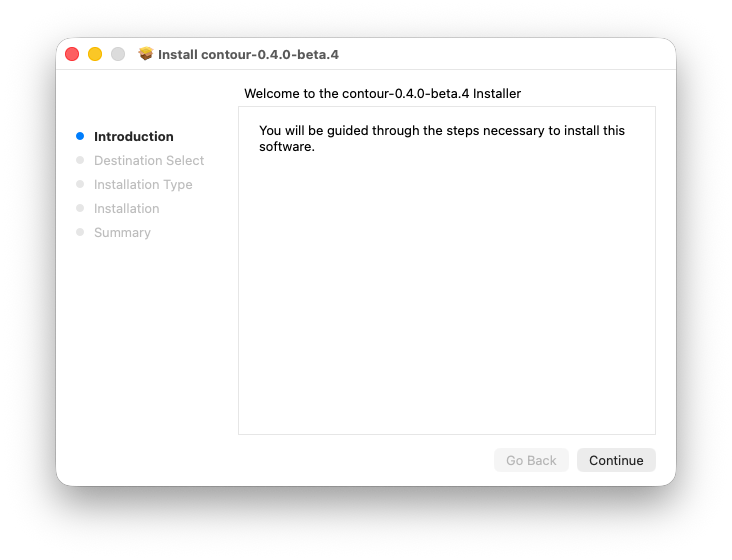 Contour package installer introduction screen for version 0.4.0 beta 4