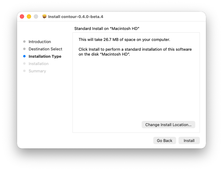 Contour installer showing standard installation and disk space requirement