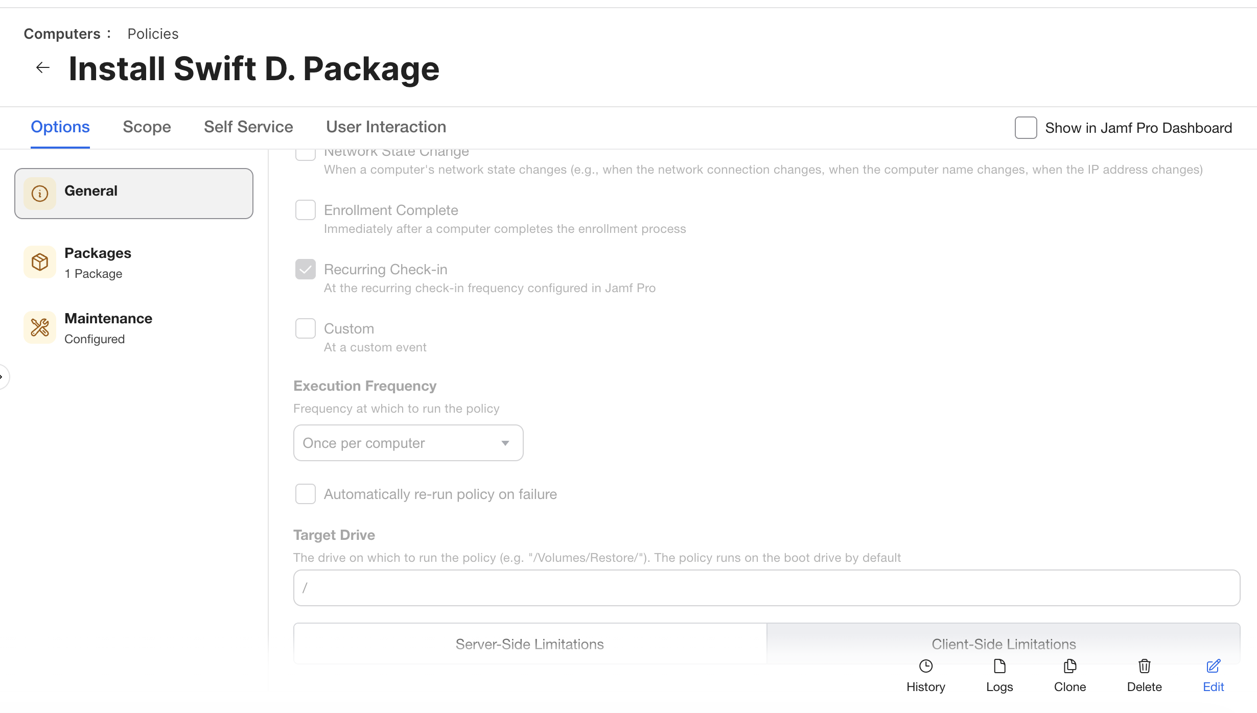 Jamf policy general view for installing the swiftDialog package