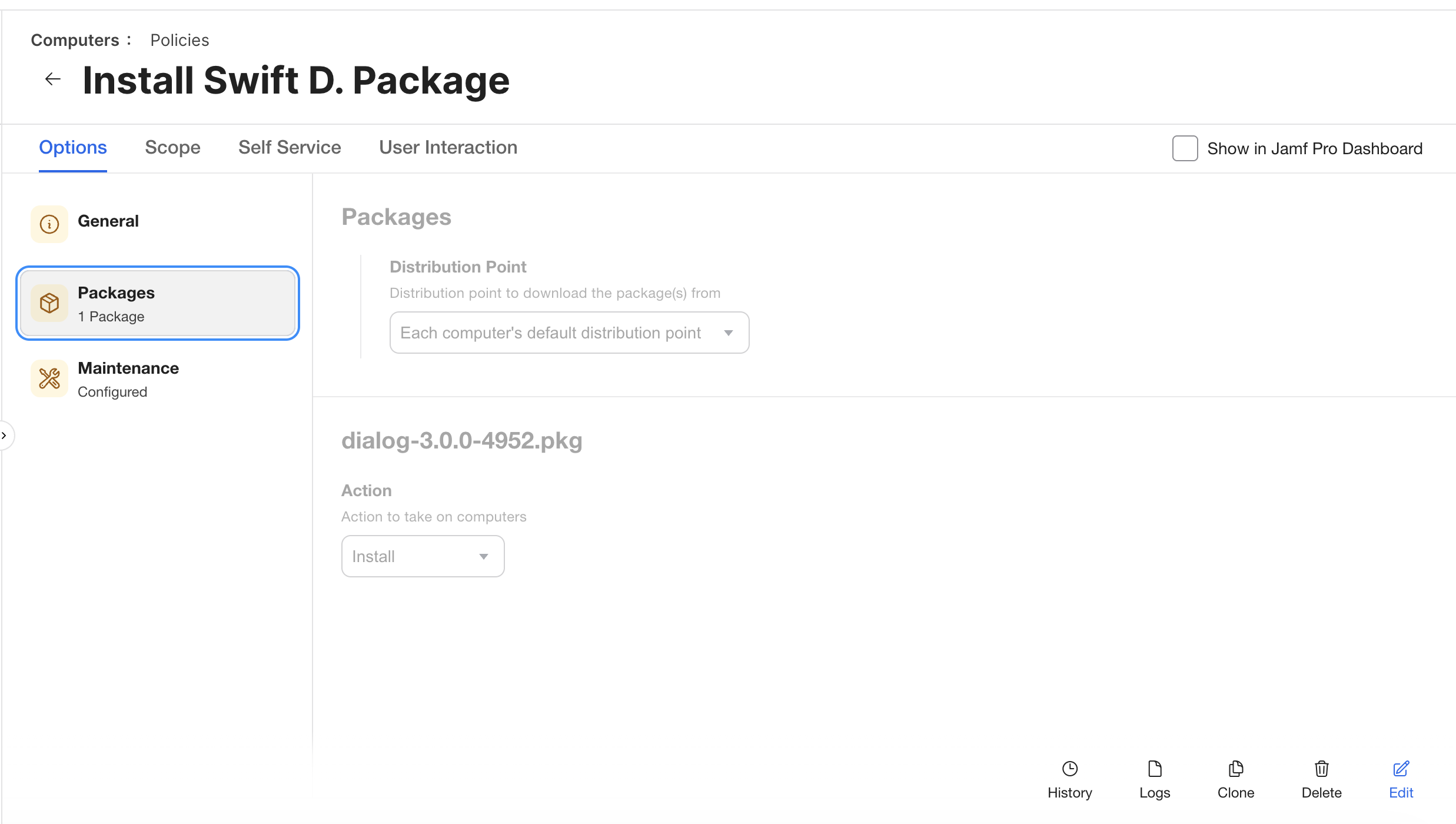 Jamf policy package payload showing dialog package configured to install