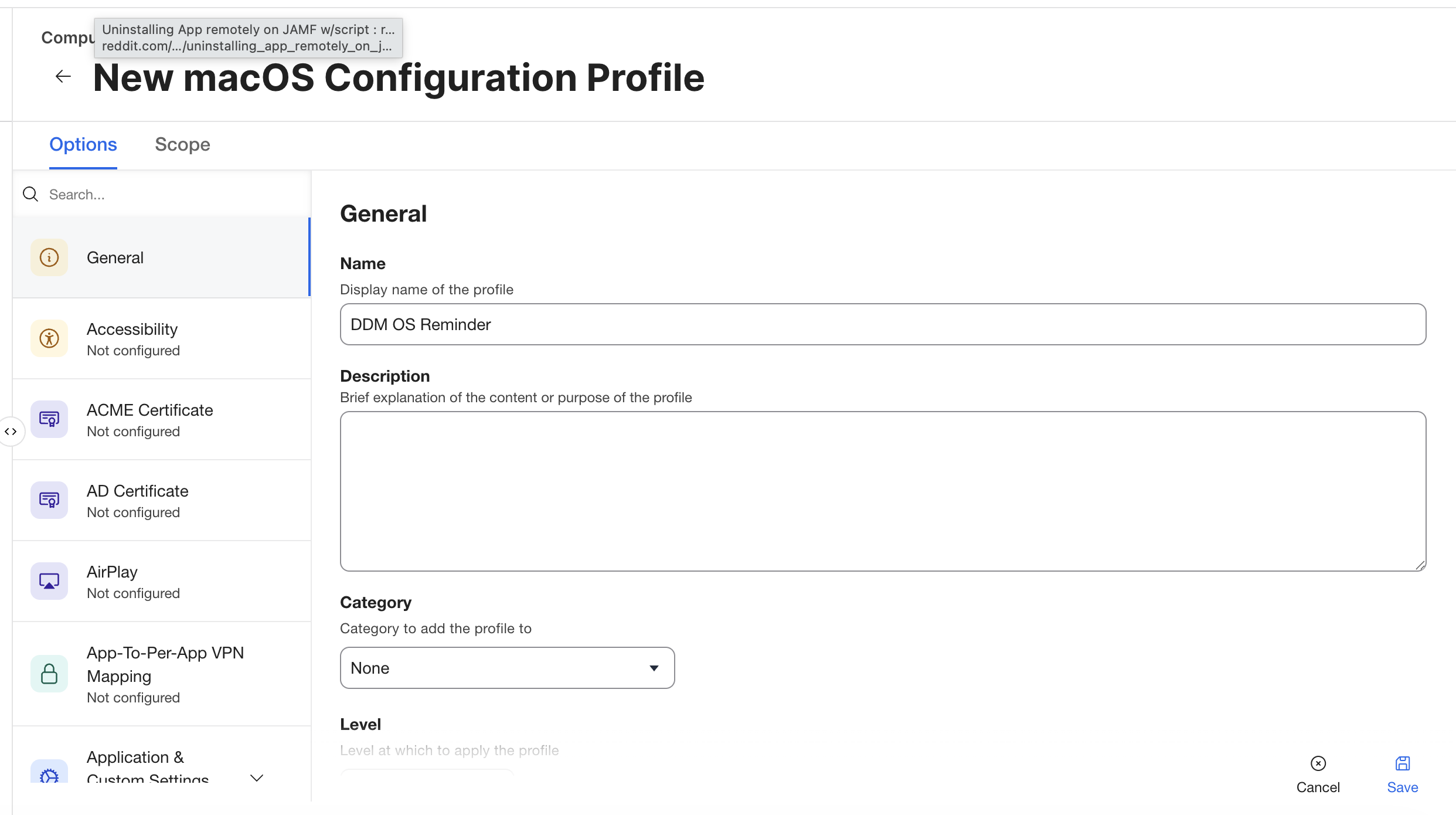 Jamf macOS configuration profile named DDM OS Reminder