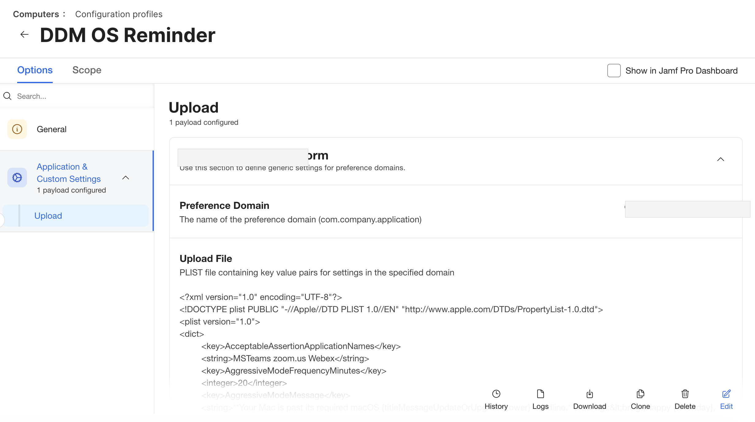 Jamf Application and Custom Settings payload for the DDM OS Reminder preference domain