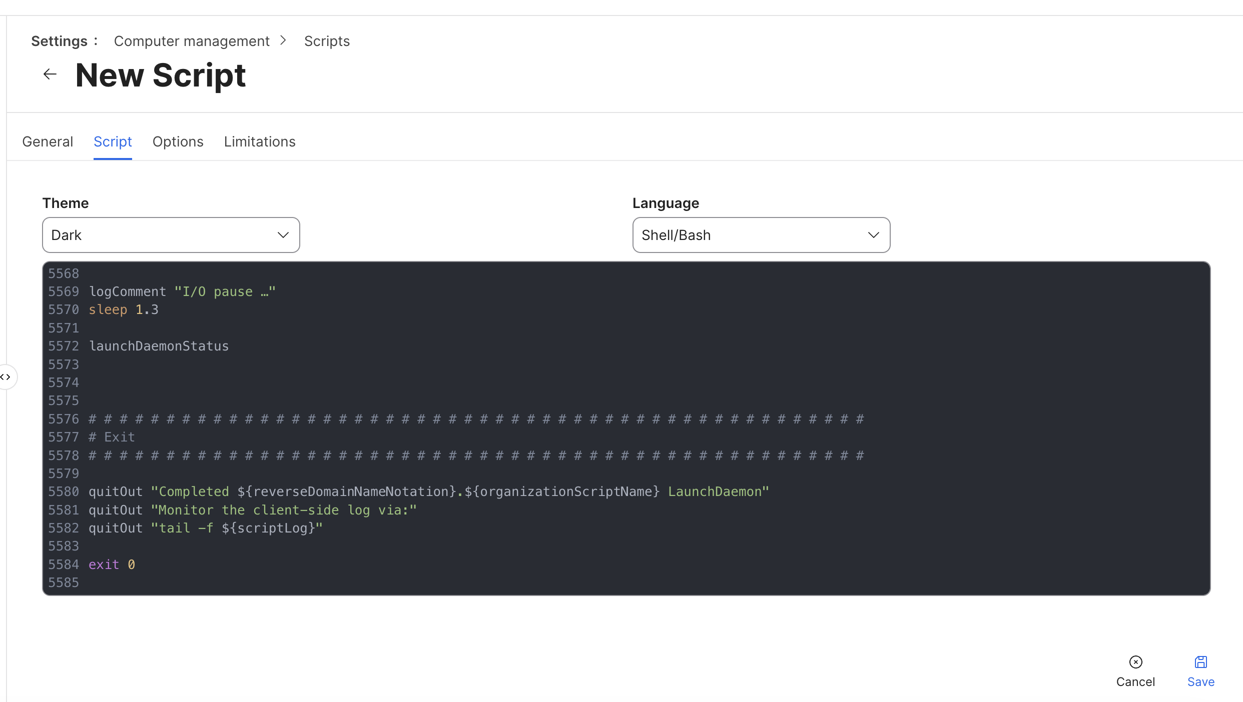 Jamf script editor showing the assembled DDM OS Reminder installer script ending with LaunchDaemon completion logging