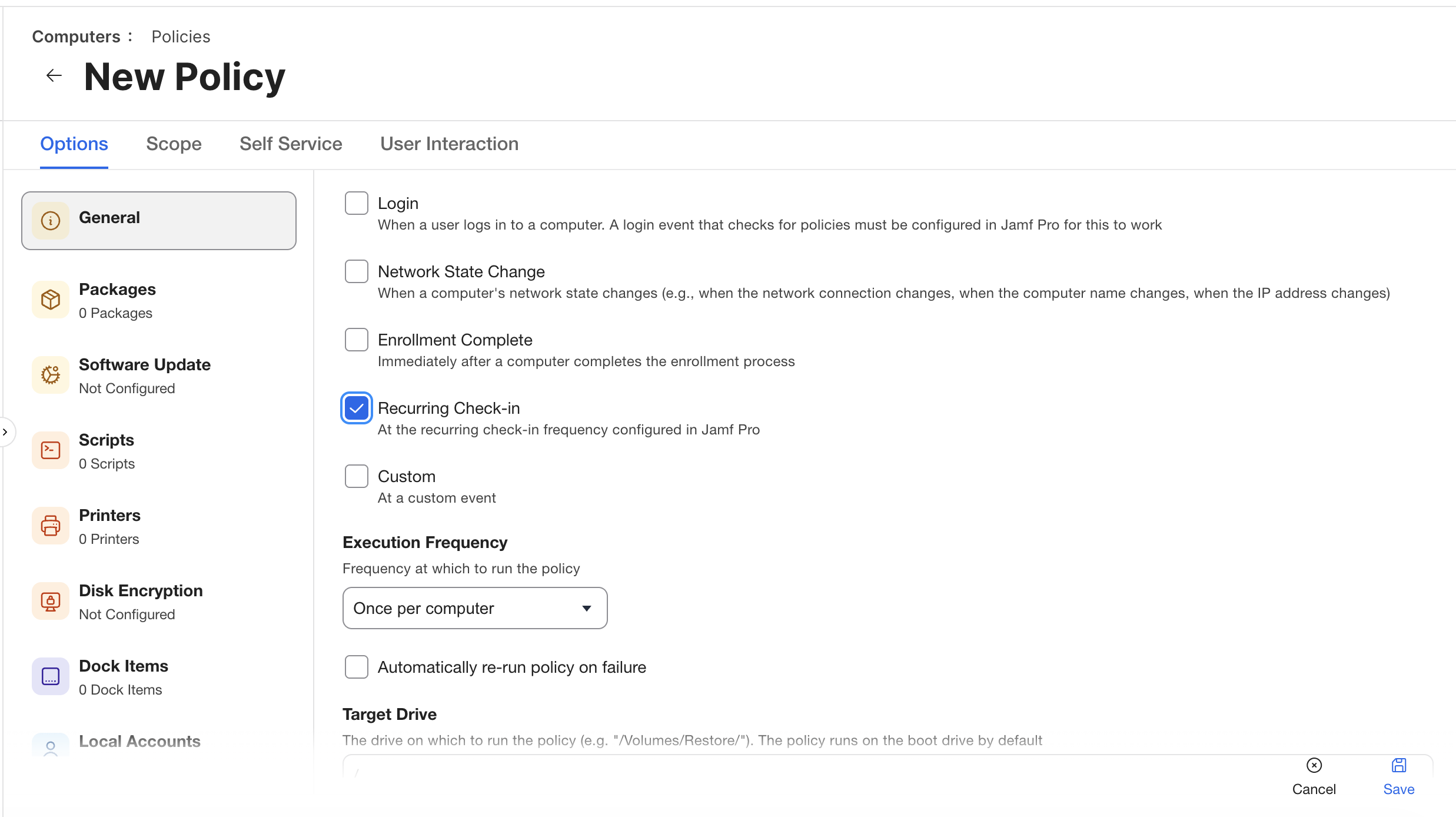 Jamf DDM OS Reminder policy showing Recurring Check-in trigger and Once per computer execution frequency