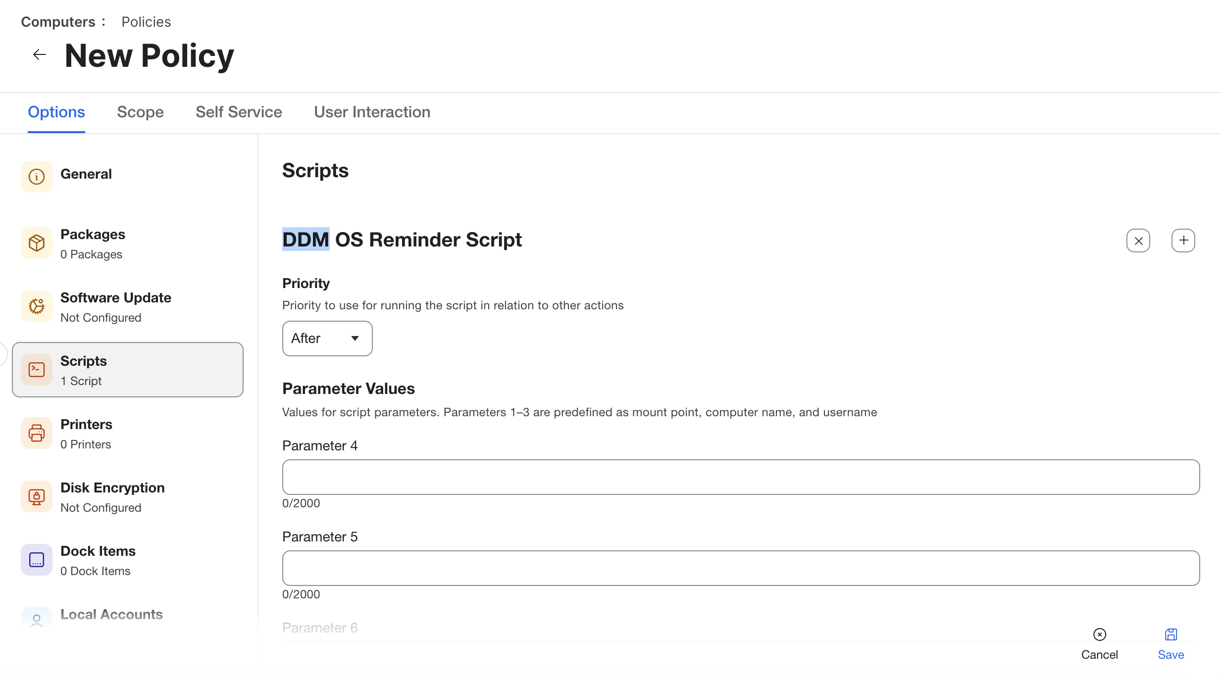 Jamf DDM OS Reminder policy script payload with DDM OS Reminder Script configured
