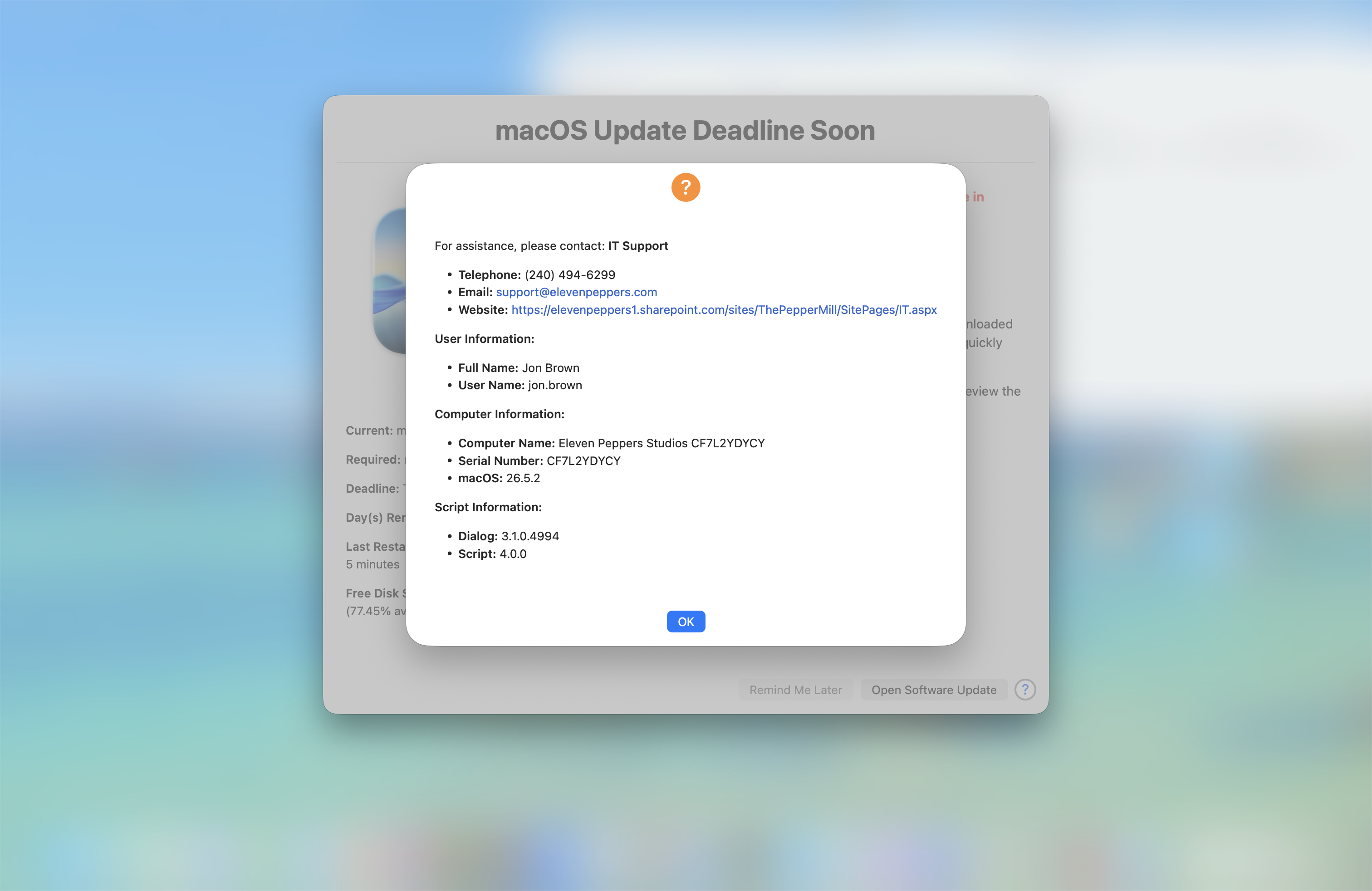 Interactive DDM OS Reminder help window showing support, user, computer, swiftDialog, and script information